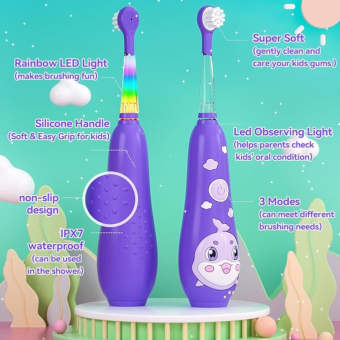 SEAGO Kids Electric Toothbrushes Rechargeable, Toddler Electric Toothbrush with Magnetic Charging, LED Observing Light, 8 Toothbrush Heads for Ages 2-4-6 Boys Girls (Purple)