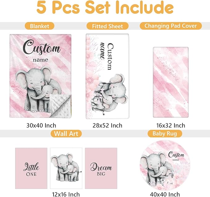 Personalized Baby Bedding Set, 5 Pcs Custom Baby Crib Sets with Name, Toddler Bedding Set for Baby Girls, Pink Elephants Double Layer Nursery Bedding Set, Customized Gifts for Infants Kids