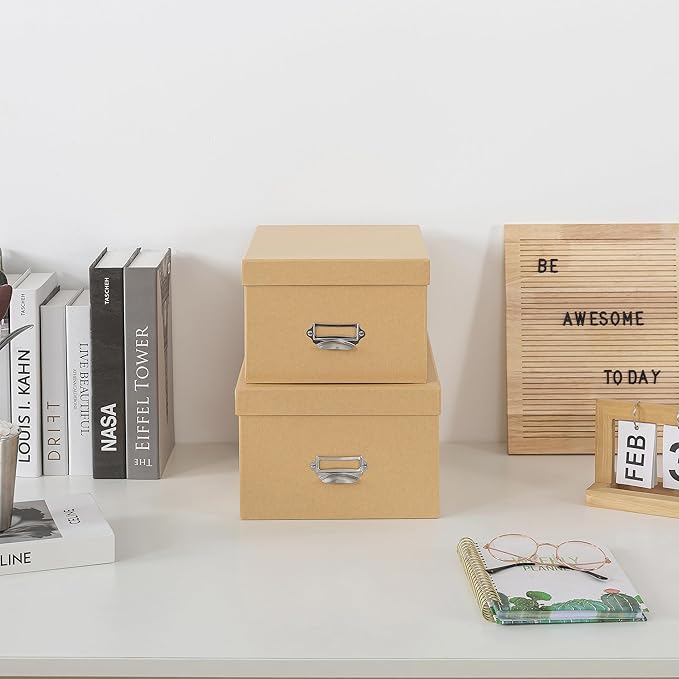 Soul & Lane Kraft Decorative Cardboard Storage Boxes with Lids, Set of 2 Stacking Keepsake Photo and Memory Boxes for Home & Office, Elegant Paperboard Organizers with Label Holders and Drawer Pulls