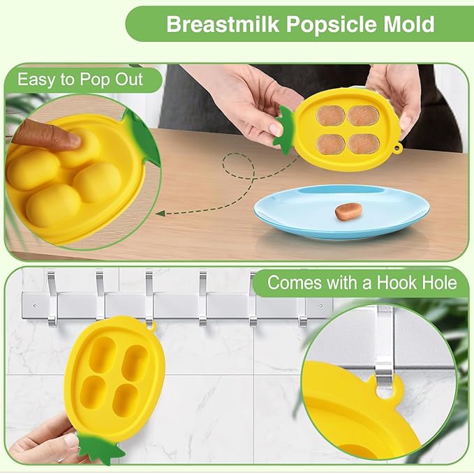 Baby Fruit Food Feeder - Silicone Nibble Tray Combo - Breastmilk Popsicle Mold for Cooling Relief, BPA Free Mesh Feeder for Infant Self Feeding (Monkey Mint + Pineapple)