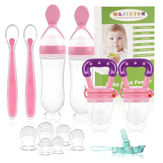 WAJIAYON Baby Fruit Feeder Pacifier - 6 Pack | 2 Infant Food Feeder Pacifier & 2 Baby Food Dispensing Spoon | Fresh Fruit Teethers for Babies | Silicone Feeder Babies,Infant Teething Feeders (Pink)