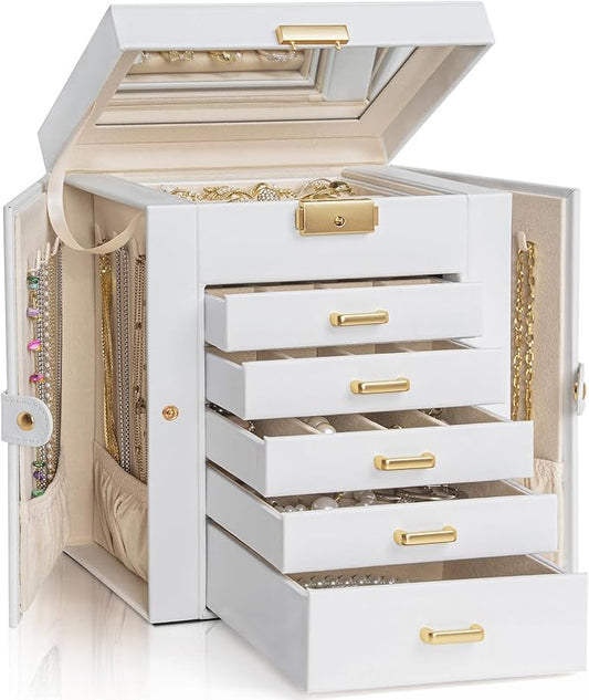 AKOZLIN 6-Tier Jewelry Box Lockable Leather Jewelry Storage Case with 5 Drawers for Women Girls Ring Necklace Earring Bracelet Holder Organizer with Mirror