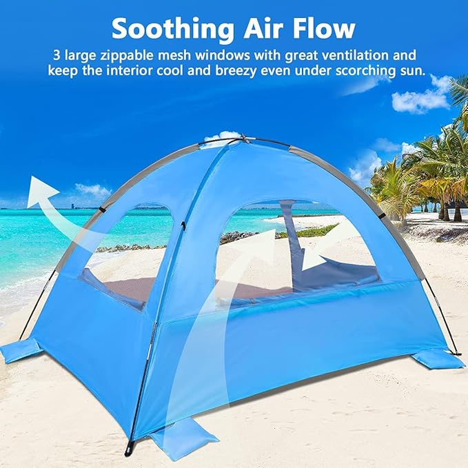 NXONE Beach Tent Sun Shade Shelter for 3/4/6 Person Person with UV Protection, Extended Floor, 3 Mesh Roll Up Windows & 8.0/8.5mm Fiberglass Rods丨Carry Bag Included