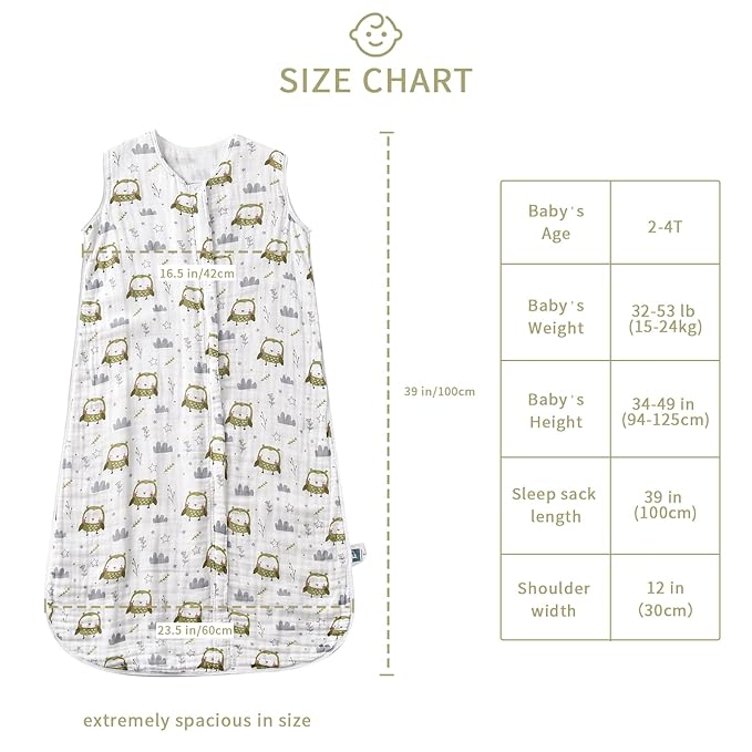Baby Sleep Sack 2-4 T Baby Wearable Blanket 100% Organic Cotton 0.5 TOG Toddler Sleeping Sack 2- Way Zipper Soft Lightweight X-Large Owl