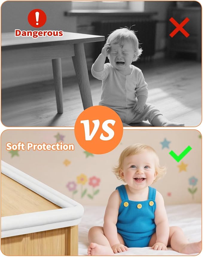 Edge Corner Protector Baby Proofing, 6.56FT 0.6'' Thicken L-Shape Furniture Fireplace Safety Bumper Guard with 6 Corners, Pre-Taped, Soft NBR Rubber Foam, Table Edge Protector for Baby (White)