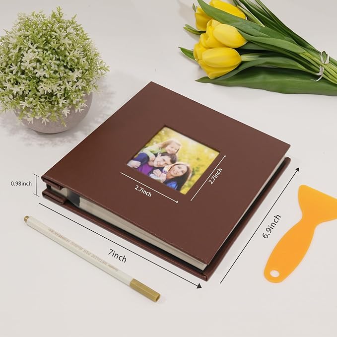 RECUTMS Small Photo Album Self Adhesive Scrapbook Magnetic Photo Albums for 4x6 5x7 8x10 Pictures for Baby Family Wedding 40 Pages with Metal Pen and Plastic Board (Brown)