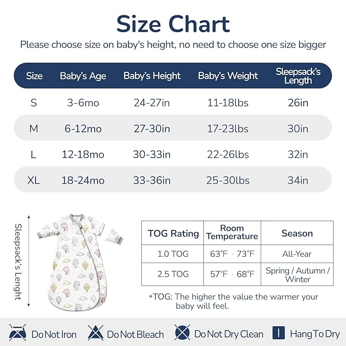 Baby Sleep Sack 6-12 Months, Cotton Detachable Long Sleeve Sleep Sack, 2.5 Tog Toddler Sleeping Sack with Temperature Strips, 2-Way Zipper Wearable Blankets for Newborns, Hot Air Balloon