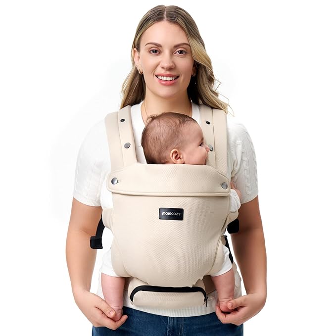 Momcozy Newborn Baby Carrier - Ergonomic, Cozy and Lightweight Carrier for 7-24lbs, Adjustable Neck Support with Sunshield, Breathable Airmesh Perfect for Summer Outing, Khaki