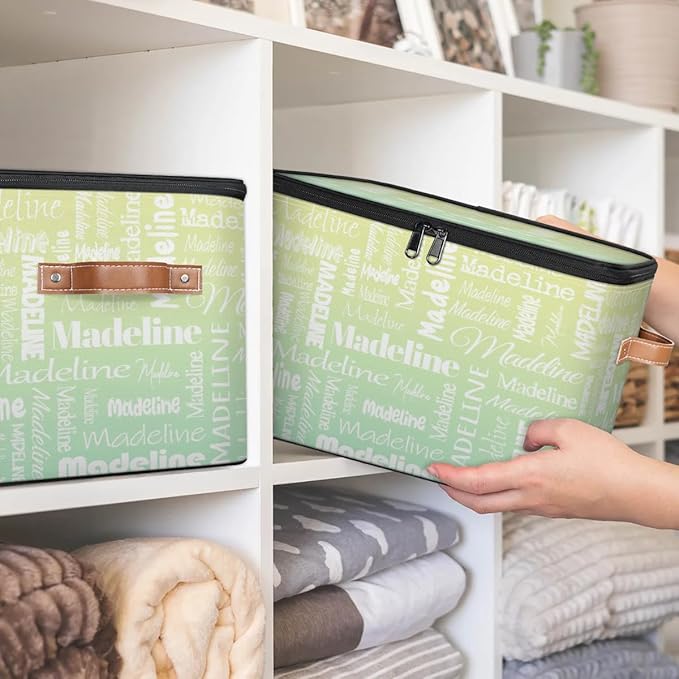 Custom Storage Basket with Name, Personalized Storage Bins with Zipper Lid, Foldable Fabric Storage Box Large capacity with Handle Yellow Green