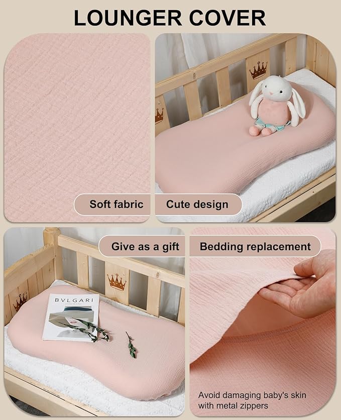 Muslin Baby Lounger Cover for Snuggle Me Organic Lounger/Baby Lounger/Organic Cotton Handmade Cover for Infant/Toddler Lounger/Nursing Pillow(Pink, Wheat)