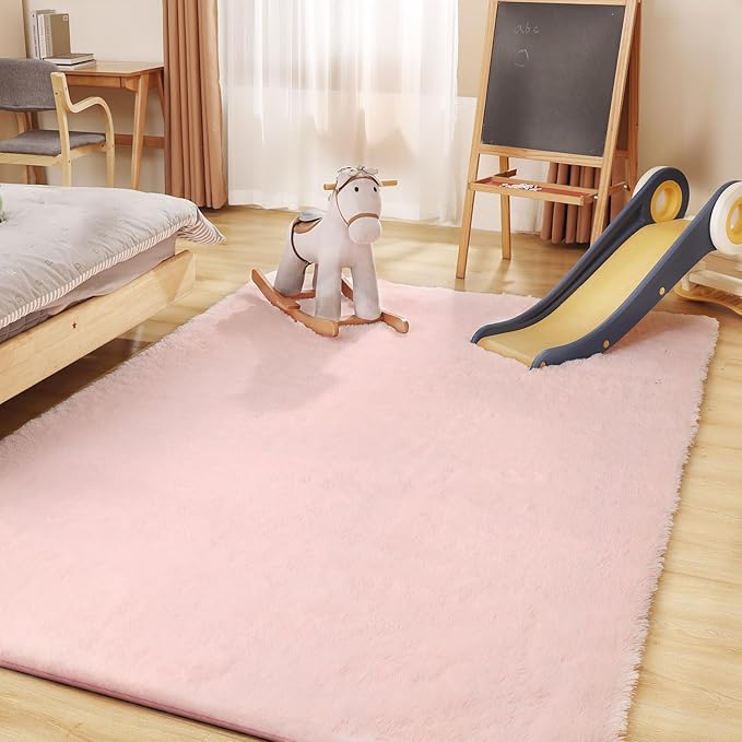 Soft 6x9 Pink Rug, Fluffy Area Rugs for Living Room, Plush Area Rugs for Bedroom, Non-Slip Indoor Carpet for Nursery, Study Room, Kids Room, Room Decor