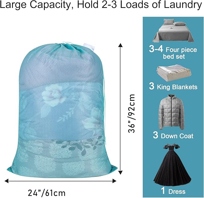 Polecasa Heavy Duty Diamond Large Mesh Laundry Bag with ID Tag and Locking Drawstring Closure - 24 x 36 inches - Laundry Hamper Liner, Washable Laundry Bags for Travel, Sports, Dorms (Aqua)