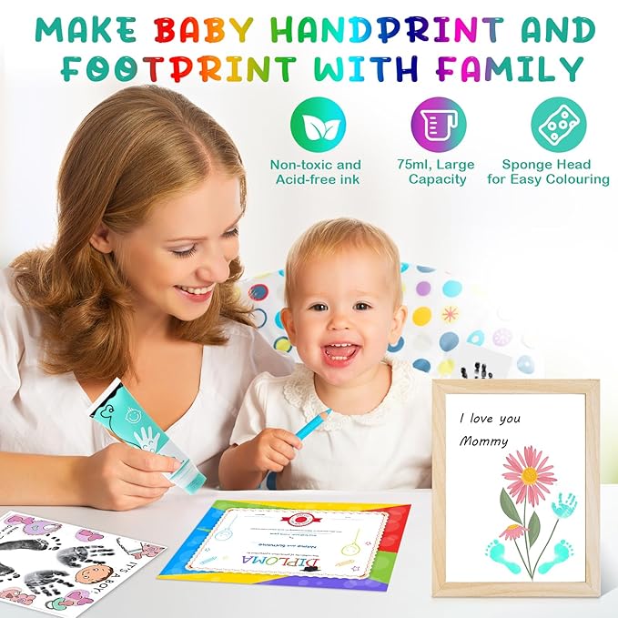 75ml Mint Green Baby Hand and Footprint Ink Kit, Baby Handprint Footprint Paint for Newborn Keepsake, Dog Cat Paw Print Kit, Washable, Non Toxic Acid-Free, Safe Gentle for Ideal New Mom Gifts