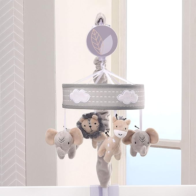 Lambs & Ivy Jungle Safari Musical Baby Crib Mobile - Gray, Beige, White, Animals