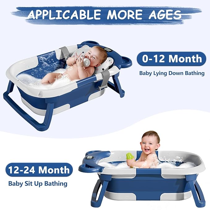 TPN Collapsible Baby Bathtub for Infants to Toddler with Real-time Temp Monitor+Floating Cushion,Foldable Baby Bath Tub Set Applicable 0-36 Month,Perfect Portable Travel Baby Tub for Newborns Boy