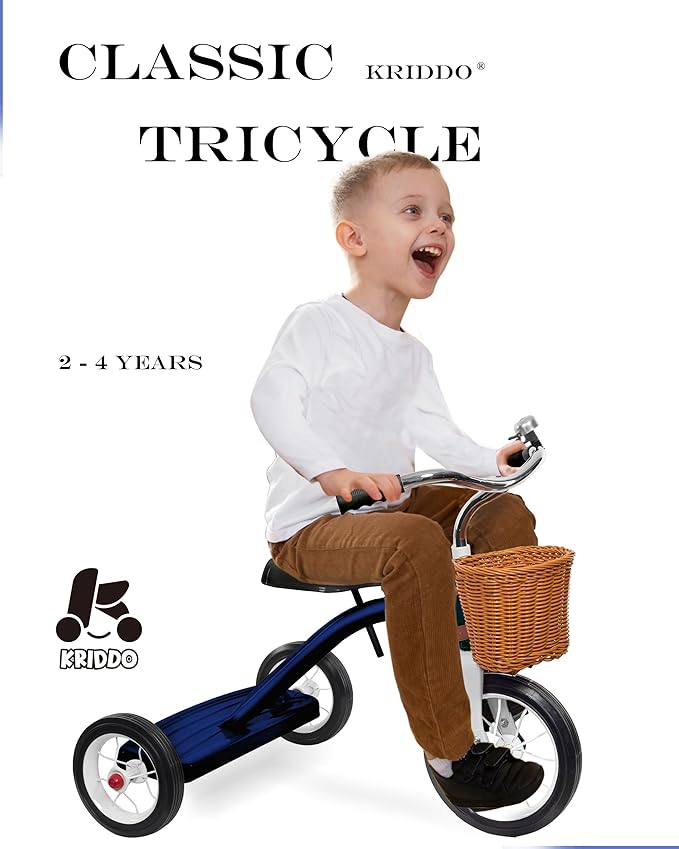 KRIDDO Classic All Metal Toddler Trike, Gift for Boys and Girls Ages 2 to 4 Year Old, Tricycle for 1 to 3 Year Olds, Sturdy Rear Deck, Deluxe Steer and Ergonomics Grip, Indoor and Outdoor, Blue