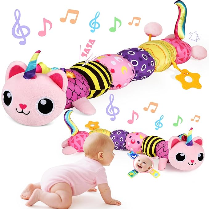 Baby Sensory Toys 0-6 6-12 Months, Musical Animal Stuffed Plush Unicorn Cat Toy for Infant 0-3-6 Months & Up, Tummy Time with Mirror Crinkle Rattle, Christmas Baby Shower Gifts for Newborn Boys Girls