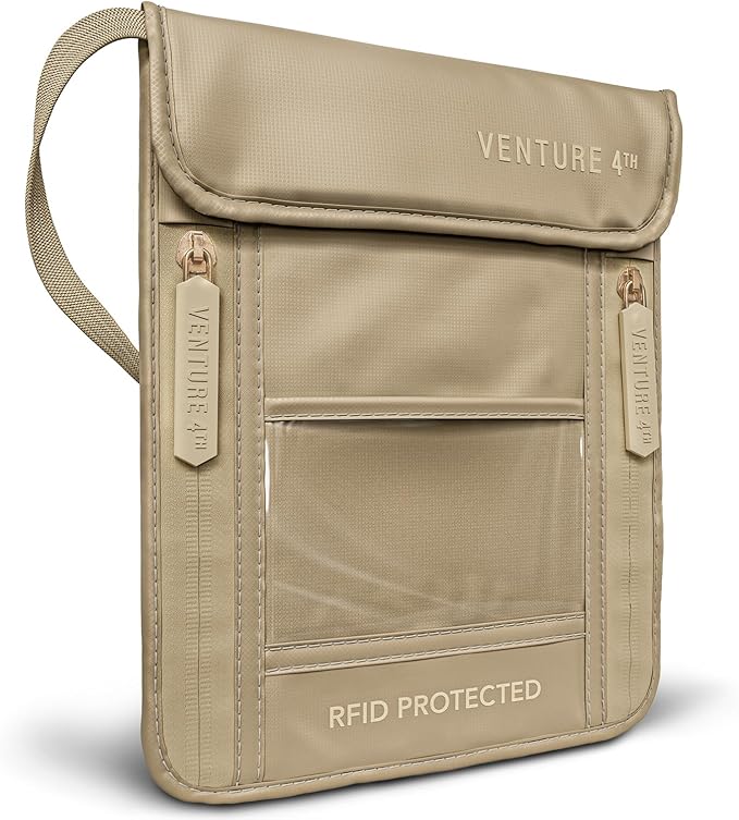 VENTURE 4TH Passport Holder Neck Wallet with RFID Blocking Nylon Lining - Hidden Neck Pouch for Travel (Sleek Beige)