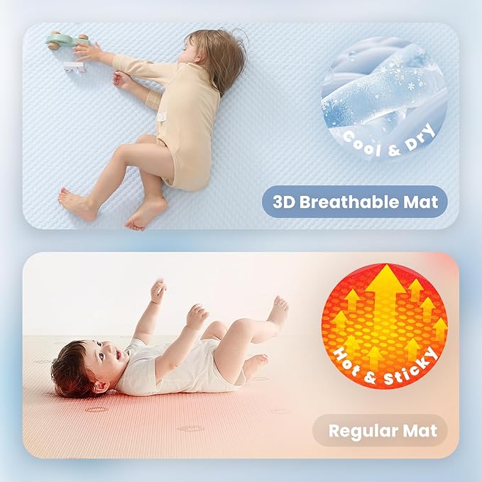 Baby Play Mat for Summer,1.3 Thick Memory Foam Cooling Floor Tummy Time Mat, Soft & Breathable, Non-Slip Rectangular for Toddlers’ Playtime & Rest(Light Blue,59"x79")