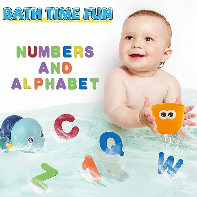 Baby Bath Toys for Toddlers 1-3, Kid Bathtub Toy with 36 Foam Bath Letter & Number, Fishing Games with Fish Net, Water Pool Toy with Storage Bag, Shower Toy Gift for Boy Girl Infant 1 2 3 4 5 6