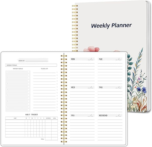 Undated Weekly Planner, Weekly To Do List Notebook with Goal & Habit Tracker Organizer, A5 5.8" x 8.0" Weekly Planner Notebook with Spiral Binding for Men or Women