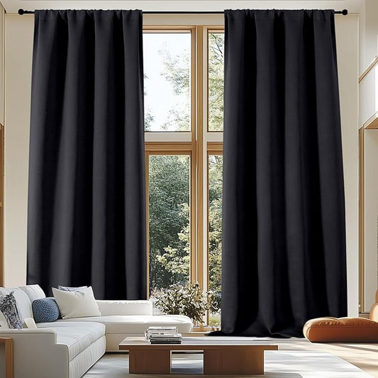Simplebrand Ava Blackout Extra Long 10ft Curtains for Patio 120 Inches Long 2 Panels Set, Solid Thermal Insulated Energy Saving Rod Pocket Window Treatment Curtains Blackout Drapes, 50 Wx120 L, Black