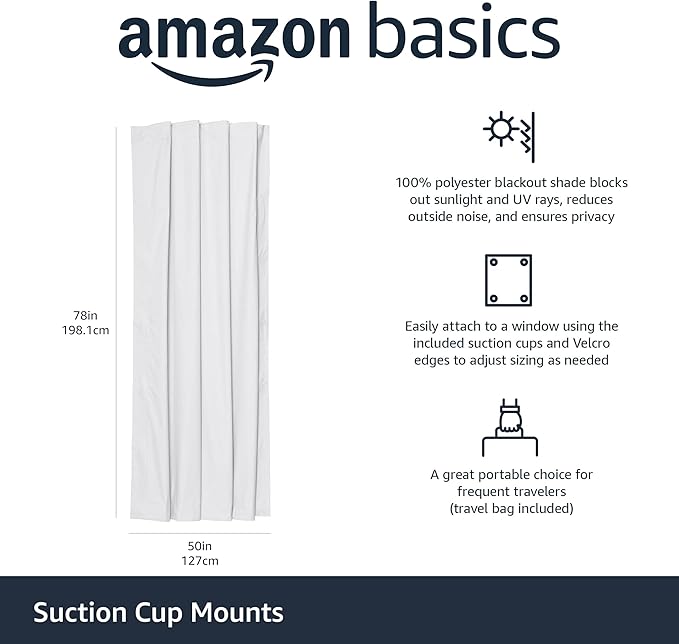 Amazon Basics Portable Blackout Curtain Shade with Suction Cups, 50"W x 78"L, 1 Pack, White