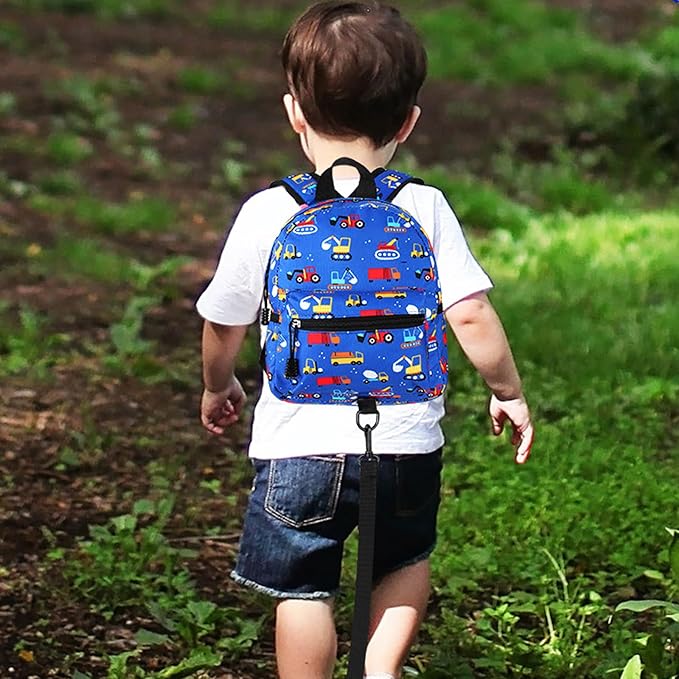 Accmor Toddler Backpack Leash with Anti Lost Wrist Link, Cute Mini Child Walking Harnesses Keep Kids Close Back Pack Rope Tether Rein for Baby Boys (Blue/Excavator)