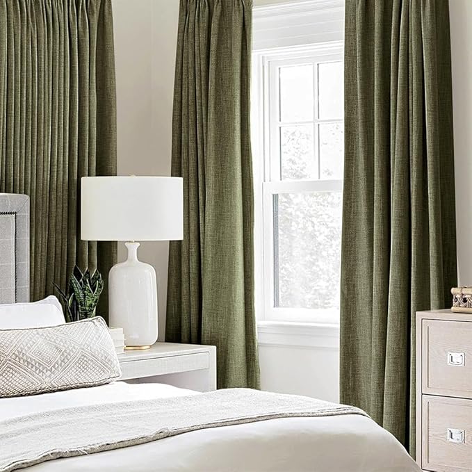 MIULEE Linen Texture Curtains for Bedroom Solid 100% Blackout Thermal Insulated Light Olive Green Curtains Grommet Room Darkening Drapes for Living Room Nursery 52x108 Inch (2 Panels)
