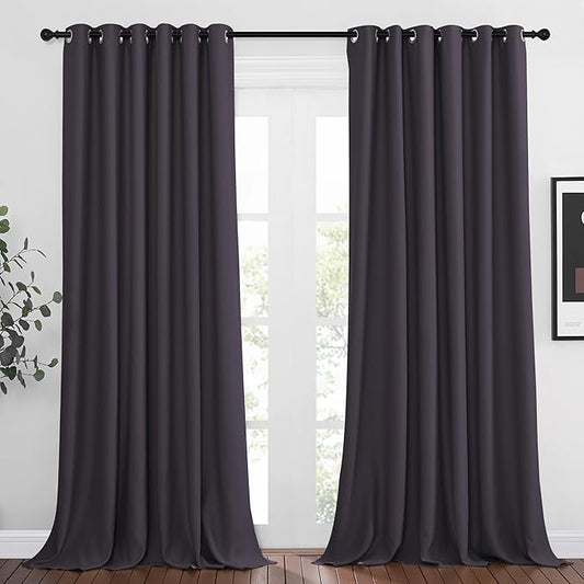 NICETOWN Bedroom Blackout Curtains 95 inch Length - Triple Weave Energy Saving Thermal Insulated Solid Grommet Blackout Draperies for Patio/Hall (1 Pair, 80 inches Wide, Greyish Purple)