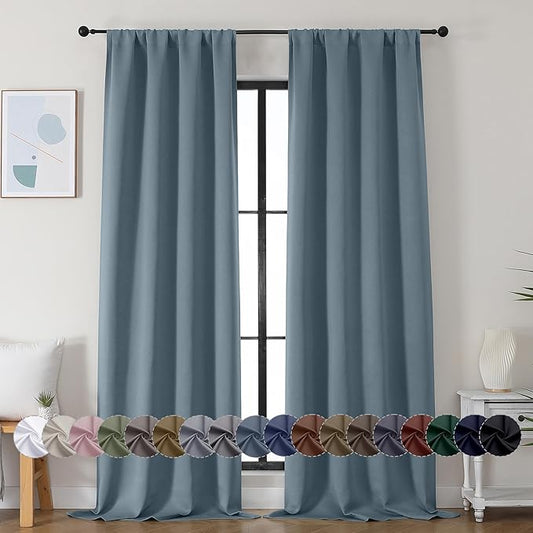 Simplebrand Ava Stone Blue Blackout Curtains for Bedroom 90 Inches Long 2 Panels Set, Solid Privacy Energy Saving Living Room Window Treatment Curtains Blackout Drapes, W40 x L90 Inch, Stone Blue