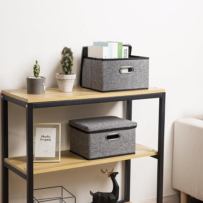 PRANDOM Storage Bins with Lids [3-Pack] Linen Fabric Foldable Storage Boxes Organizer Containers Baskets Cube with Cover for Home Bedroom Closet Office Nursery Grey（11.4X8.6X6.7