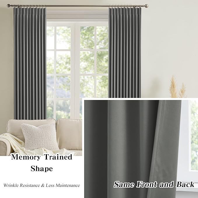 Grey Blackout Curtains 90 Inches Long 2 Panels Set, 60 Inch Wide Pinch Pleated Curtain with Hooks,Thermal Insulated Room Darkening Vertical Window Treatments for Living Room Bedroom 60 x 90
