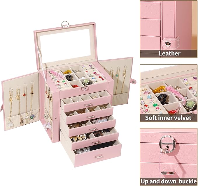 BOOVO Jewelry Box For women, 6 Layer Large Jewelry Organizer With Mirror, Multi-Function Storage Box With Lock, Accessory Holder With 5 Drawers, For Earrings Necklace Ring Bracelet (Pink)