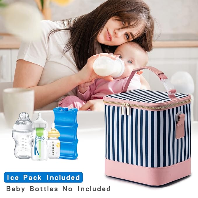 Breastmilk Cooler Bag with Ice Pack Fits 6 Baby Bottles Up to 9 Ounce, Baby Bottle Bag with Shoulder Strap for Nursing Mom Daycare, Straps