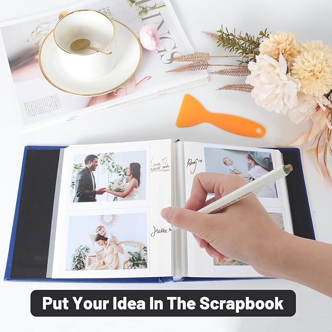 RECUTMS Small Photo Album Self Adhesive Scrapbook Magnetic Photo Albums for 4x6 5x7 8x10 Pictures for Baby Family Wedding 40 Pages with Metal Pen and Plastic Board (Blue)