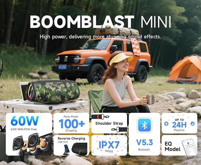 Portable Bluetooth Speaker 60W RMS,90W Peak Loud Subwoofer Wireless Stereo with HD Sound,8H Playtime IPX7 Waterproof for Party cmaping Beach (CAMO-60W RMS/90W Peak)