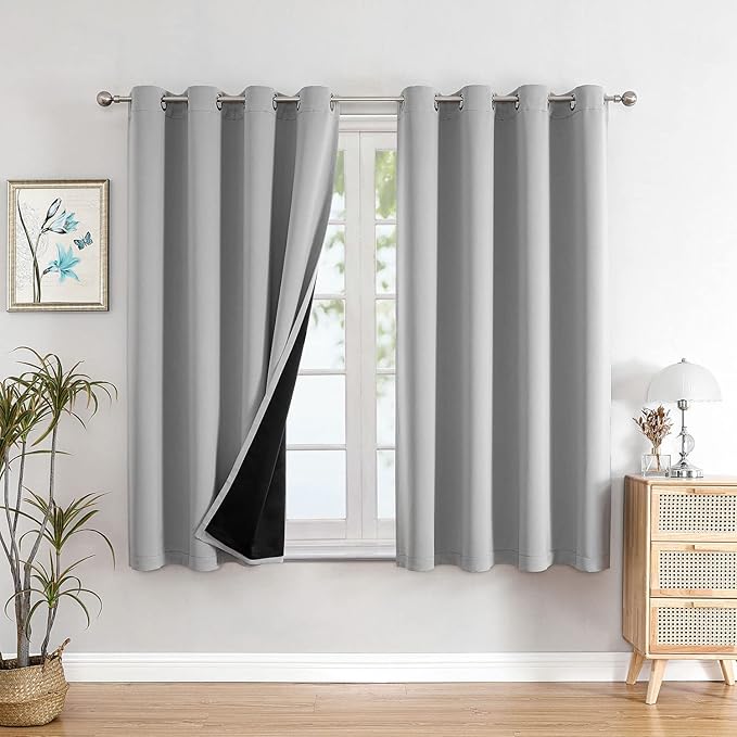 ChrisDowa 100% Blackout Curtains for Bedroom with Black Liner, 2 Thick Layers Total Blackout Thermal Insulated Grommet Small Window Curtains 45 Inch Length 2 Panels Set (Light Grey, 52 x 45 Inch)