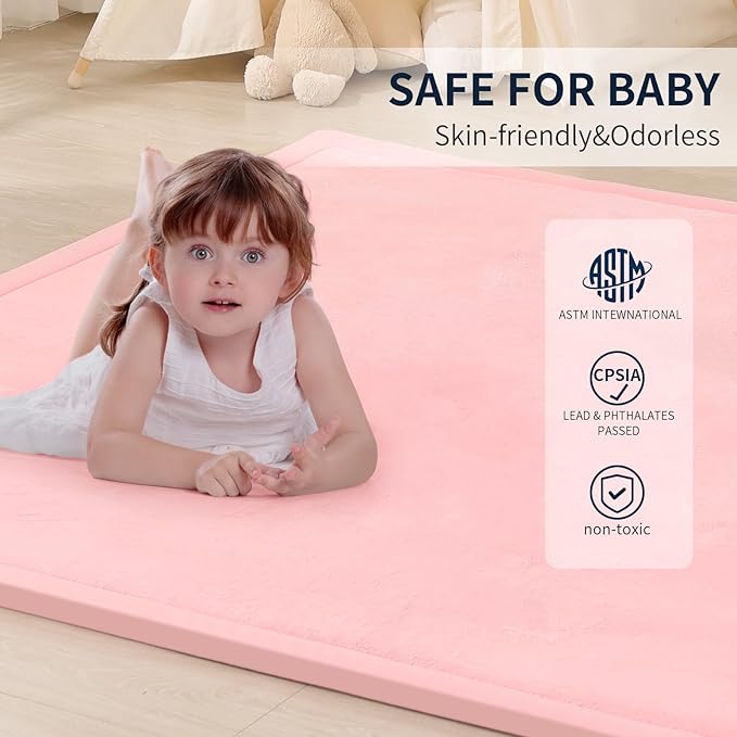 ACOMOPACK Baby Play Mat for Floor 1.3" Thick Memory Foam Play Mat 59"×71" Tummy Time Crawling with Non-Slip Bottom for Living Room,Nursery,Soft Velvet Playpen Mats for Kids,Infants（Pink）
