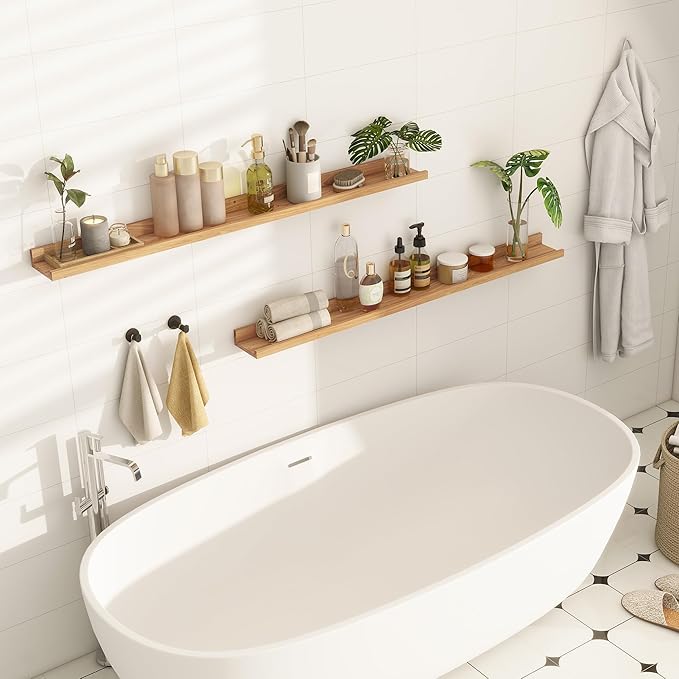 Picture Ledge Shelf, 48 Inch Long Floating Shelves for Wall, Nursery Bookshelf for Storage with Lip, Rustic Elm Wood Photo Ledge Shelves for Bedroom, Living Room, Kitchen (Natural, 48in Set of 2)