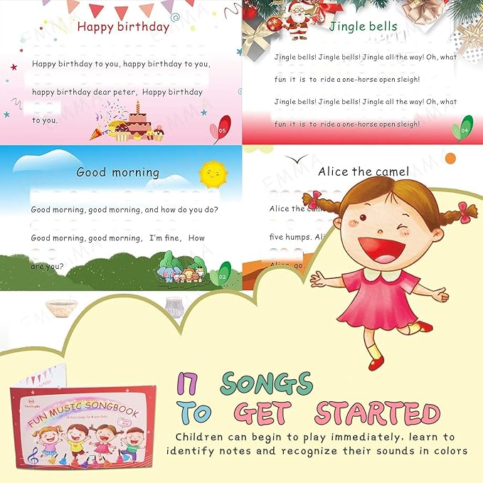 Hand Bells, 8 Note Musical Handbells Set with 17 Songbook Musical Toy Percussion Instrument for Toddlers Children Kids for Children's Day Family Activity School and Church (Multicolored)