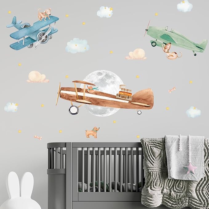 Airplane Wall Decals by Lipastick - Wall Decals for Boys Bedroom, Watercolor Vintage Plane Stickers for Kids, Boys Room, Baby Nursery, Toddler Decor - Premium Vinyl Aircraft Art