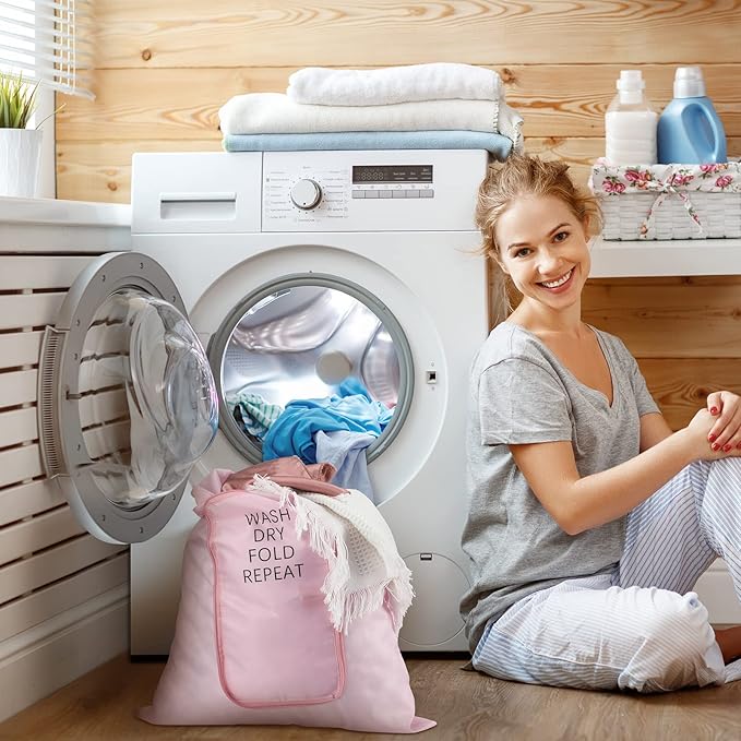 2 Pcs Travel Laundry Bag Washable Dirty Clothes Bag with Drawstring and Zipper for Suitcase, 22 x 18 Inch (Pink, Blue,Classic)