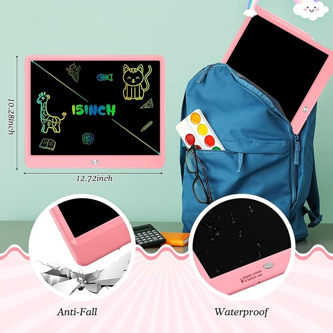 Decute Kids Toys LCD Writing Tablet with Stylus, 15 Inch Erasable Toddlers Doodle Board, Reusable Drawing Pad for Kids, Educational Christmas Birthday Gift for 3 4 5 6 7 8 Girls Boys Toddler Pink