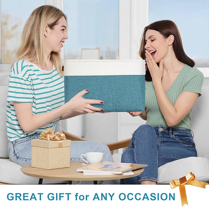 Storage Bins Large Fabric Storage Baskets for Shelves 3 Pack, Decorative Linen Closet Baskets with Handles for Organizing, Shelf, Clothes, Home, Office, 15x11x9.5Inches (Teal&White)