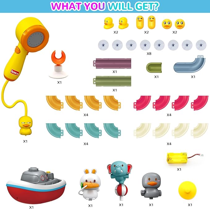 Mostop Toddler Bath Toys for Kids 4-8, Wall Track Buiding Set - Baby Bathtub Toys with Shower Head - Duck Slide Bath Toys - Fun DIY Wall Track Building Set Bathtub Birthday Gift for Boys Girls