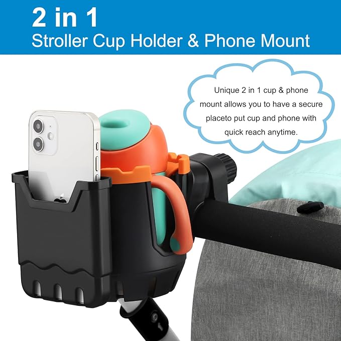 Accmor Stroller Cup Holder with Phone Holder, Universal Cup Holder, Bike Cup Holder, 360° Rotatable Large Caliber Drinks Holder for Stroller, Bike, Wheelchair, Walker