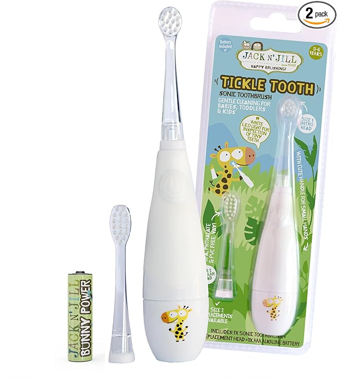 Jack N' Jill Kids Tickle Tooth Sonic Electric Toothbrush and Replacement Head, LED Brush Head with Light Timer and 30 Second Pulse Reminder, Extra Soft Bristles Suitable from 0-6 Years