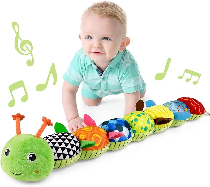 LIGHTDESIRE Baby Toys Musical Caterpillar,Infant Stuffed Animal Toy with Crinkle and Rattles,Soft Sensory Toys with Textures for Tummy Time Newborn Boys Girls 0 3 6 12 Months(Green)