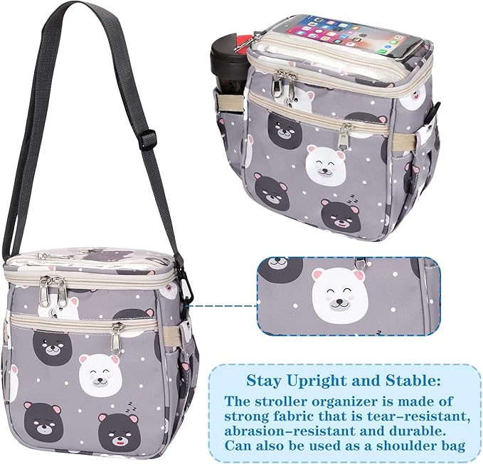 Baby Stroller Organizer Bag，Small Diaper Bag - Universal Stroller Organizer With Insulated Cup Holder,Pocket With Baby Wipes Dispenser，Adjustable Shoulder Strap (Light Gray)